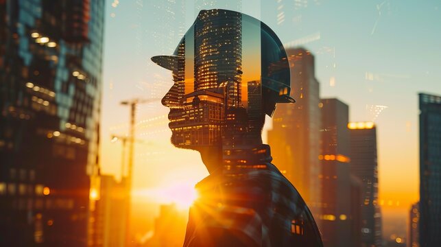 Professional workman, skyscrapers buildings at sunset, double exposure, construction expert company