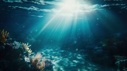 Realistic photo of underwater ocean scene with rays of light