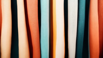 Various rolls of colorful fabric displayed vertically, featuring a mix of orange, teal, beige, and cream colors, showcasing soft textile textures and patterns in a store or atelier setting.
