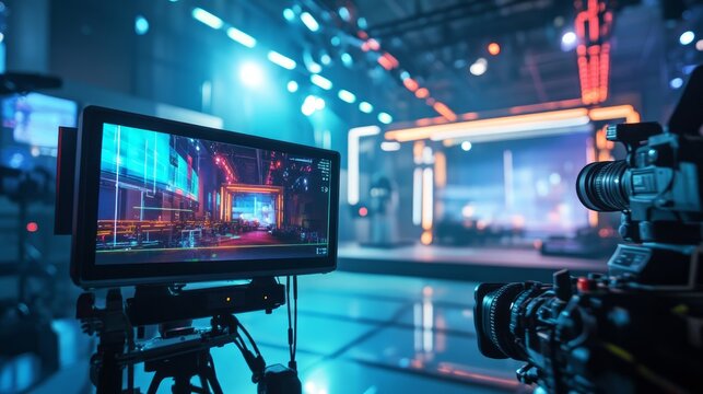 A professional camera captures a live event in a television studio.
