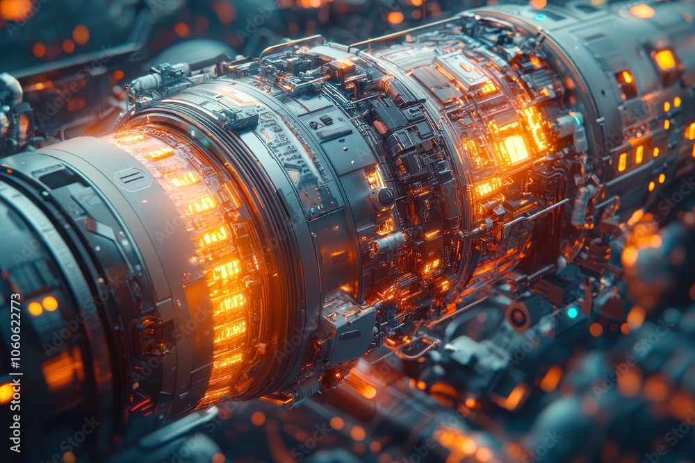 Poster close-up of a futuristic machine with glowing orange components
