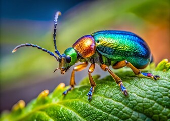Naklejka premium Macro Close-up of Alder Flea Beetle Agelastica alni Devouring Plant Leaves in Urban Exploration Photography, Highlighting Insect Damage and Nature's Intricacies