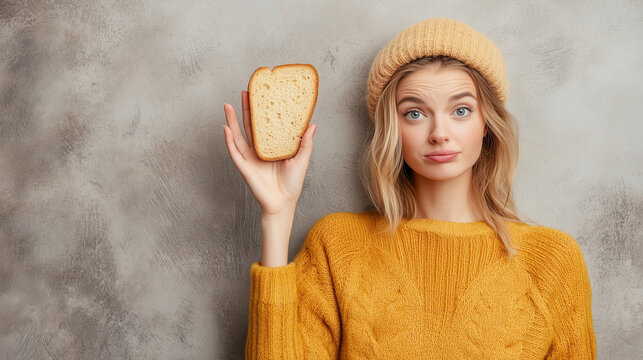 W jasnym, przyjemnym otoczeniu, kobieta z wyrazem zdecydowania na twarzy pokazuje ręką, że odmawia jedzenia kromek chleba pełnych glutenu. 