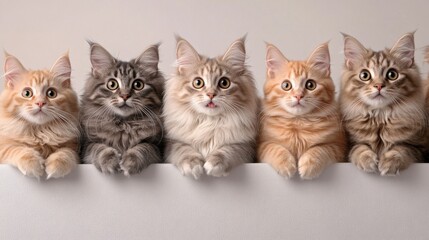 Five adorable cats of varying colors sit side by side, showcasing their unique fur patterns and curious expressions against a neutral background.