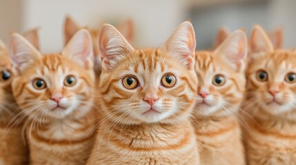 A close-up of multiple orange tabby cats gazing directly at the viewer, showcasing their playful and curious expressions.