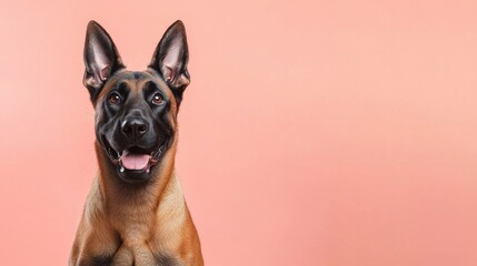 A happy Belgian Malinois dog with a playful expression against a coral background, showcasing its vibrant coat and alert ears.