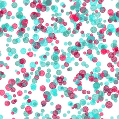 Light turquoise, mint green, red pink and deep carmine polka dot with texture on the white background. Seamless hand drawn pattern.