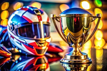 Macro Photography of a Sport Cup and Motorcycle Equipment Showcasing Details of Trophies, Helmets, and Accessories for Enthusiasts and Competitions