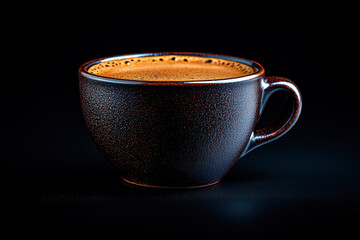 Black coffee cup with a brown rim sits on a black background. The cup is filled with coffee and has a steamy appearance
