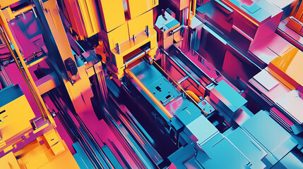 Close-up of modern industrial printing machine with vibrant colorful inks and metallic components, showcasing high-speed printing process with precision and accuracy. Silk Screen Print. Illustration