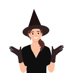 Surprised halloween woman in witch costume. Flat vector illustration isolated on white background
