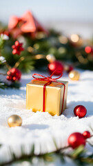 golden gift box resting on snow