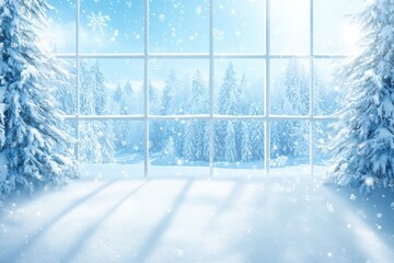 Fototapeta premium Serene winter landscape viewed window with snowflakes