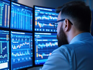Focused analyst reviewing financial data on multiple screens in a modern office environment with vibrant graphs and metrics.