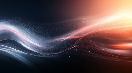 Abstract background with glowing light wave and particles on dark background.