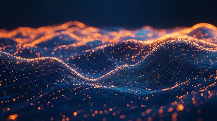 Abstract digital landscape with glowing orange particles on a dark blue background.