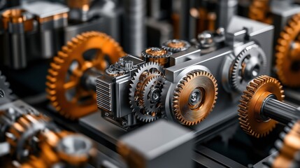 Fototapeta premium Close-up of intricate mechanical gears with gold and silver tones in a complex industrial machinery setup, highlighting cogwheels and engineering design.