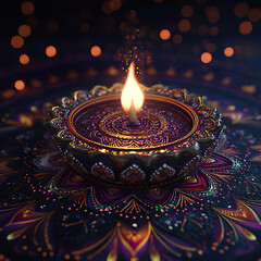 eautifully arranged diyas with glowing flames, set against a dark backdrop with scattered rose petals, capturing the festive warmth and spiritual ambiance of Diwali celebrations.