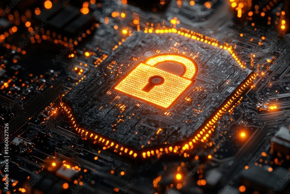 Aufkleber glowing lock symbol on a circuit board