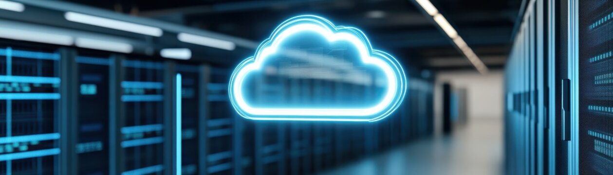 Modern data center with blue servers and a digital cloud icon representing cloud computing technology and storage solutions.