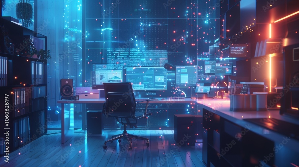 Aufkleber futuristic office space showcasing augmented reality interfaces and data analysis displayed on multi