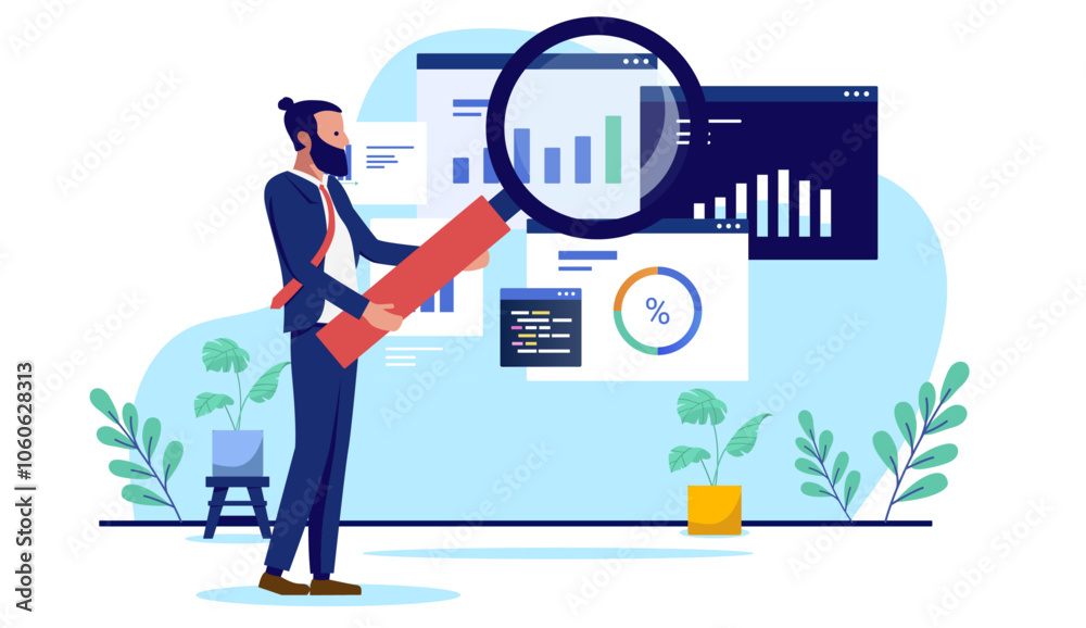 Poster business analytics - businessman with magnifying glass analysing and inspecting data, charts, graphs