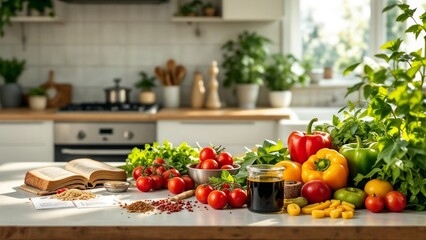 Preparing Healthy Dishes in a Home Kitchen with Fresh Ingredients and Recipe Book