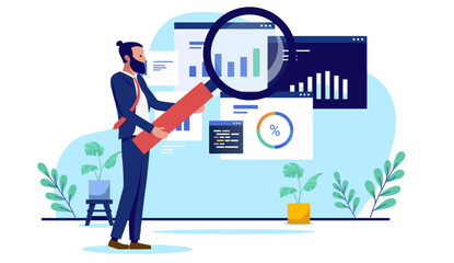 Business analytics - Businessman with magnifying glass analysing and inspecting data, charts, graphs and diagram trying to get insights and doing research for company finances. Flat design vector
