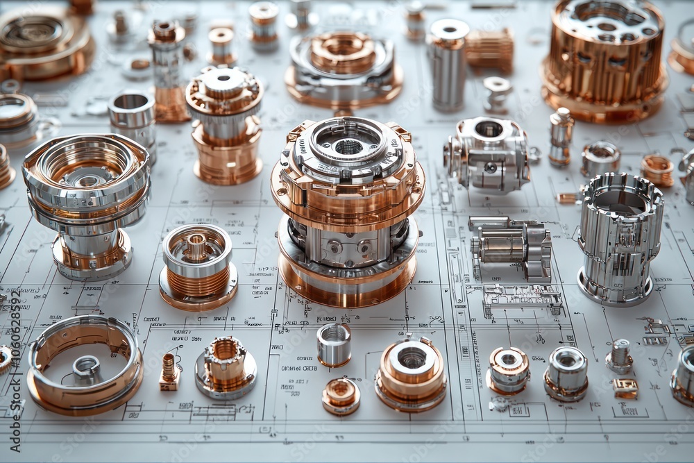 Poster Metallic Gears and Components on Engineering Blueprint