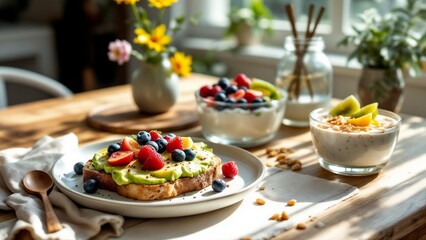 Avocado Toast with Fresh Berries and Yogurt on a Bright Wooden Table
