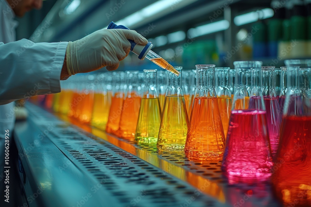 Aufkleber Scientist in a lab adding liquid to beakers with colorful liquids