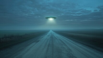 Fototapeta premium UFO Hovering Over Empty Rural Road at Dusk