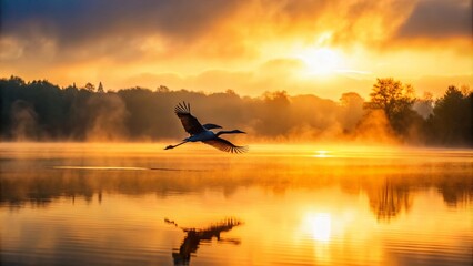 Obraz premium Majestic Bird Flying Over Foggy Lake at Sunrise - Serene Nature Scene with Tranquil Waters, Early Morning Light, and Mystical Atmosphere