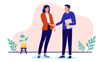People shaking hands at work - Two businesspeople, man and woman doing handshake in office at work while smiling over business agreement and deal. Flat design stock illustration on white background