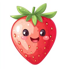 Obraz premium A smiling strawberry with shining eyes, the cute strawberry laughing sweetly, the cheerful strawberry glowing warmly, cartoonish style, isolated on white background.