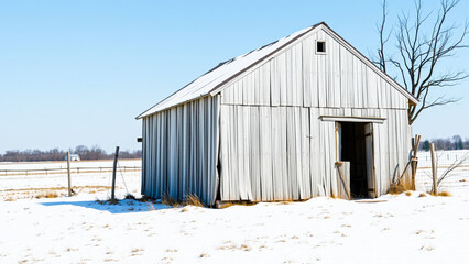 Fototapeta premium weathered white shed stands a snowy field