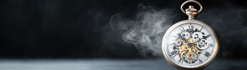 Vintage pocket watch with intricate details, surrounded by ethereal smoke, highlighting the beauty of timeless craftsmanship.