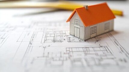 A miniature house model placed on architectural blueprints, symbolizing construction and design planning.