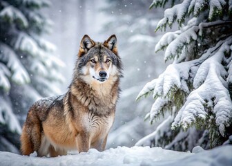 Majestic Gray Wolf in a Snowy Winter Forest - Long Exposure Photography of Nature's Wilderness, Capturing the Elegance and Alertness of a Wild Canine in a Serene Landscape