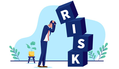 Business risk and danger - Scared and afraid businessman in despair, holding hands on head over collapsing company economy and recession. Flat design vector illustration with white background