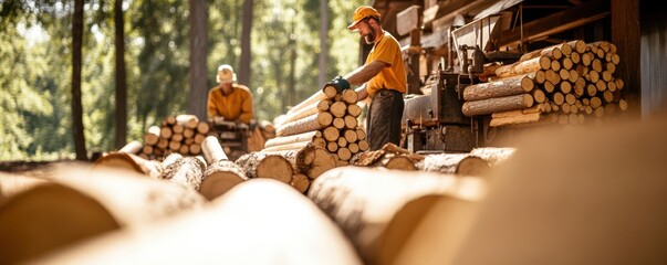 Lumberjacks working in a logging yard, arranging freshly cut logs amongst towering trees in a serene forest setting.