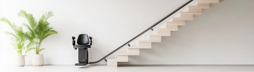 Modern vacuum cleaner beside a staircase with a plant, showcasing a clean and stylish home environment.