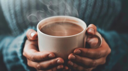 Hands holding a cup of coffee with steam rising