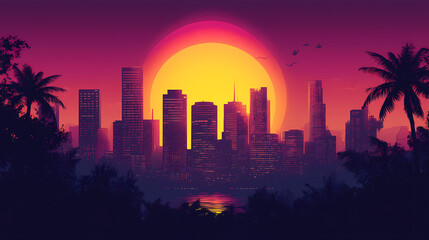 Fototapeta premium Vibrant Synthwave Cityscape: Neon Anime and Manga Art