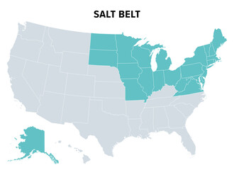 Salt Belt of the United States, political map. U.S. region in which road salt is used in winter to control snow and ice. Other states are also considered to be part, but use less corrosive substances.