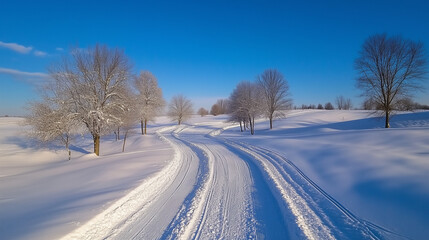 Obraz premium Snowy pathway winding through trees under a bright blue sky
