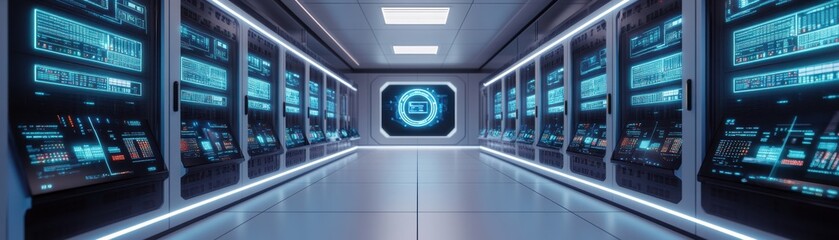 Futuristic data center hallway with advanced technology displays glowing in blue light, showcasing a modern digital environment.