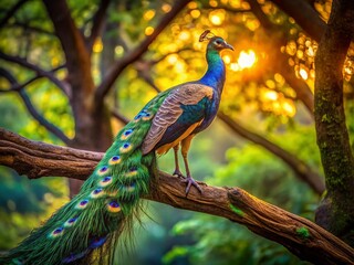 Obraz premium Majestic Peacock Resting on a Tree Branch at Dusk – Captivating Low Light Photography with Vibrant Feathers and Tranquil Natural Setting