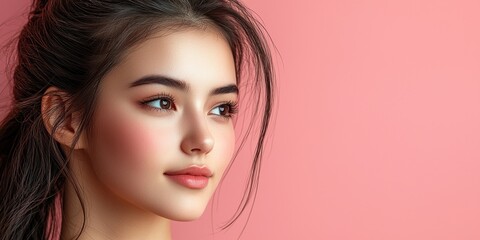Naklejka premium Close-up Portrait of a Young Woman with Long Black Hair and Soft Makeup