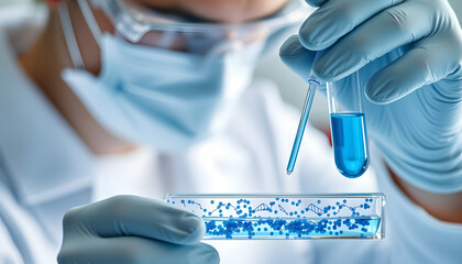 Close up a scientist working in laboratory to analyze blue extracted of DNA  molecules in a micro tube plate , clinical or science testing analysis concept isolated with white highlights, png